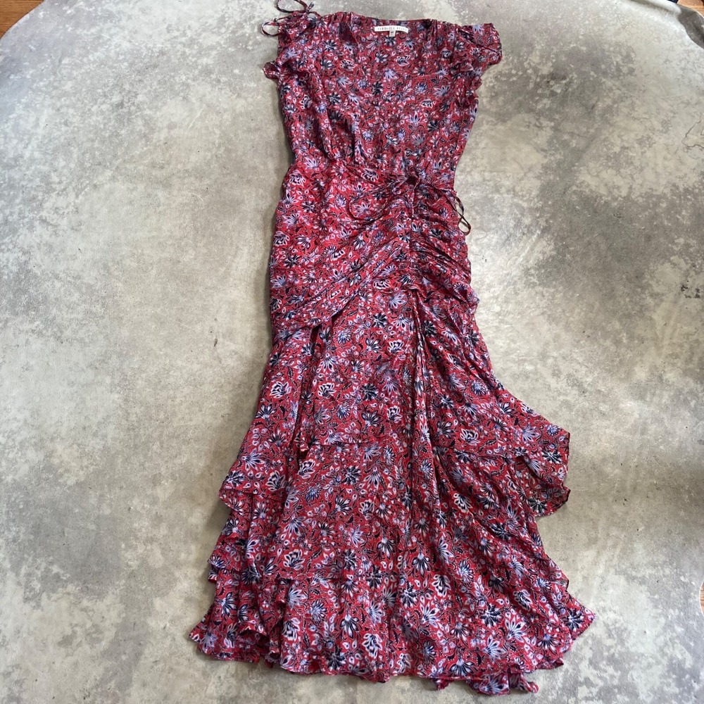 Veronica Beard Samara Silk Maxi Dress Floral Tiered V Neck Red Blue Womens Sz 0